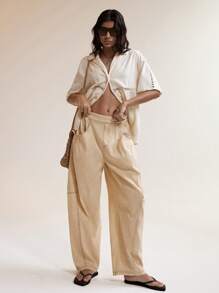 Easelle Quần dài nữ dài tay màu xanh lá cây, dáng suông, dáng cong, thoải mái, giặt axit - xanh quân đội - Xem 7