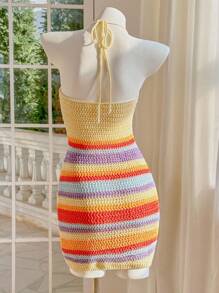 Skyraze Women's Striped Micro Hollow Beach Vacation Dress,Hawaii Women Outfits - Multicolor - View 2