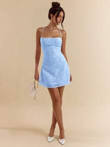 SHEIN BAE Vestido corto de línea A con escote de barco, espalda abierta y tirantes de lazo en textura, color rosa, para primavera/verano