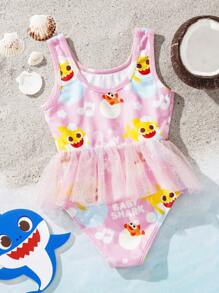 BABY SHARK X SHEIN Young Girl Cartoon Shark Print Mesh Splice One-Piece Swimsuit