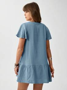 SHEIN LUNE Women Summer Button Decorated V-Neck Ruffle Short Sleeve Loose Fit Dress - Blue - View 5