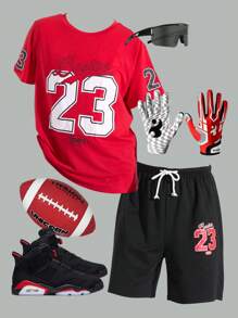 SHEIN Leap Crew 2 Packs Teen Boys' Casual Sports College Red Round Neck T-Shirt And Black Shorts Set With Letters And Numbers Combined Pattern Suitable For Teen Boy Outfits Toddler Boy Clothes Back To School Boys Set Suitable For Birthday Parties, Evening Parties, Performances, Weddings, Baptisms, Opening Ceremonies Daily Suitable For Daily Use Suitable For School Suitable For Travel Suitable For Sports Suitable For Spring And Summer Seasons