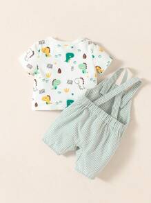 SHEIN Baby Boy Cartoon Dinosaur Print Tee & Striped Overall Romper