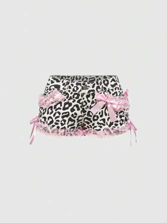 J-Fashion Pantaloncini di jeans a vita bassa con stampa leopardata e patchwork in pizzo e catena in stile Y2K Harajuku Himekaji Gyaru per donne