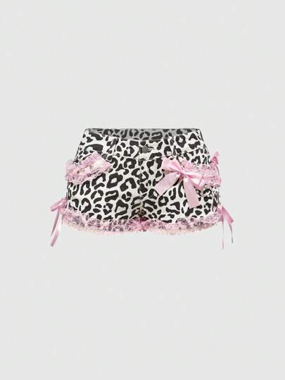 J-Fashion Pantaloncini di jeans a vita bassa con stampa leopardata e patchwork in pizzo e catena in stile Y2K Harajuku Himekaji Gyaru per donne