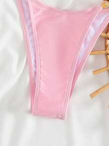 Swim Vcay 2pcs Springbreak Vacation Beach Solid Color Asymmetrical Beaded Halter Tie Sexy Bikini Set For Summer - Pink - View 4