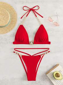 Bikini Swimsuit, Fashionable Mini Triangle Style, Suitable For Summer - Red - View 2
