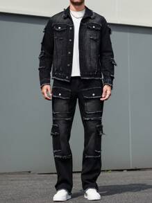 Manfinity LEGND Men's Casual Everyday Distressed Denim Jacket And Black Jeans Set - Black - View 6