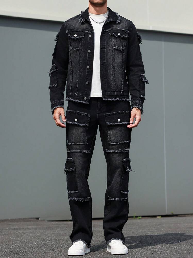 Manfinity LEGND Men's Casual Everyday Distressed Denim Jacket And Black Jeans Set - Black - View 6