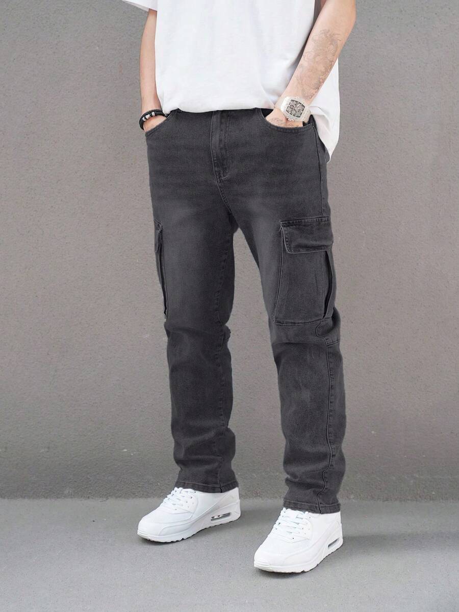 Manfinity Hypemode Men's Utility Pockets Straight-Leg Casual Classic Denim Cargo Jeans - Black - View 1