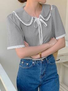 DAZY 时尚百搭精致格子短袖蕾丝边女式衬衫夏季 - 灰色 - 查看 5