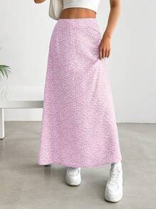 SHEIN EZwear 女士浅粉色高腰长款休闲碎花裙，夏季 - 淺粉色 - 查看 6