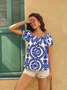 Pariaura 女士时尚新款清新碎花方领系带短袖针织 T 恤，春夏 - 白色 - 查看 5