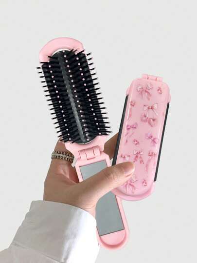 Kawaii 1 pezzo Pettine pieghevole con fiocco rosa per il ritorno a scuola, con cuscinetto d aria e specchio, portatile