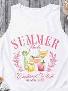 SHEIN LUNE 大码字母印花简约圆领背心 - 白色 - 查看 3