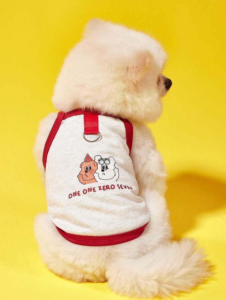 one one zero seven 主人与宠物搭配，可爱字母和图案印花宠物背心，带皮带扣，夏季图案背心，红色和灰色