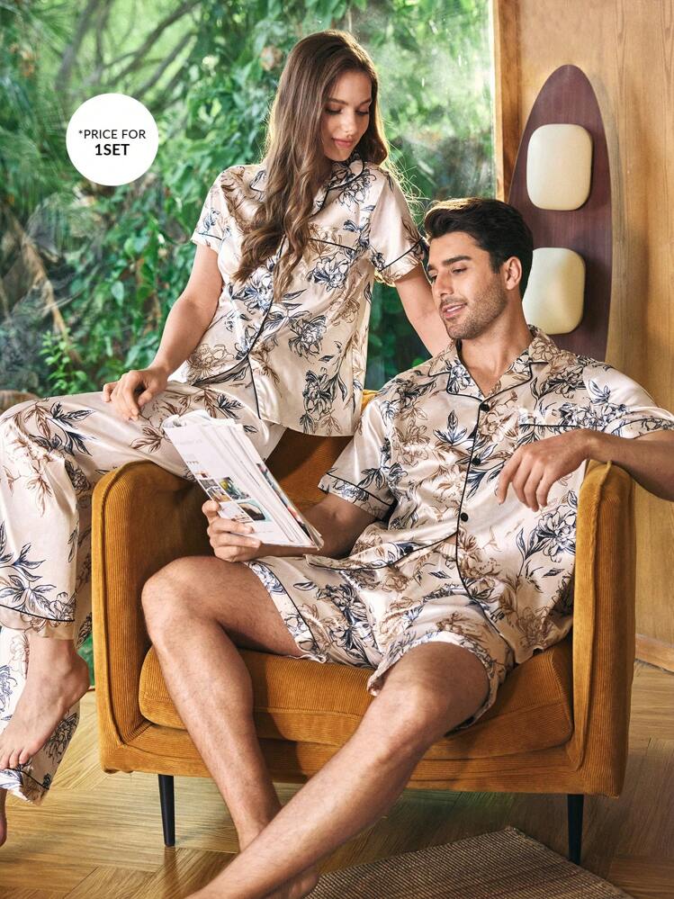 Men's Floral Faux Silk Short Sleeve Shorts Pajama Set Pajama Sets For Couples - Apricot - View 5