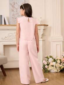 2 件套青少年女孩时尚无袖上衣和长裤套装，适合夏季 - 粉色 - 查看 2