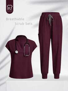 TaskEZ Simple Solid Color Cap Sleeve Top & Pants Nurse Scrub Uniform Set