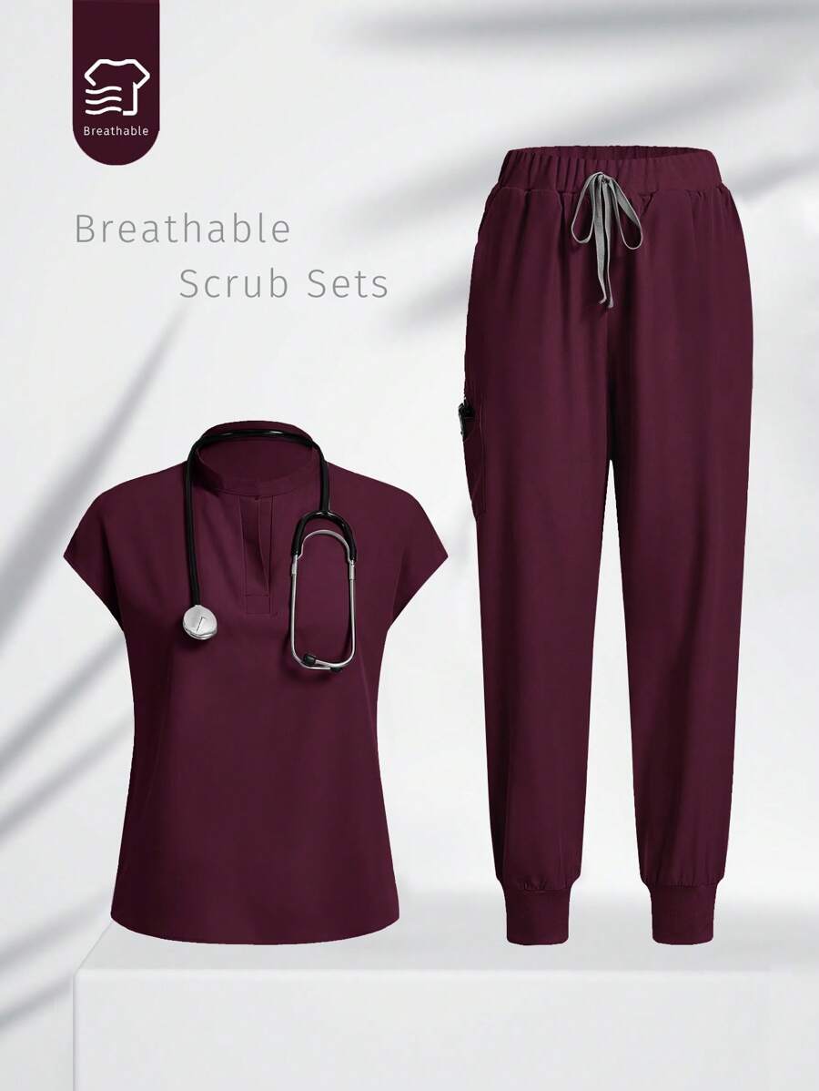 TaskEZ Simple Solid Color Cap Sleeve Top & Pants Nurse Scrub Uniform Set