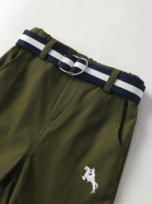 SHEIN 2件套年轻男孩骑士印花长袖衬衫和裤子绅士套装 - 軍綠色 - 查看 7