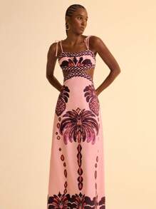 CAJUNI Women Boho Banana Tree And Pineapple Print, Hollow Waist Back Binding Sleeveless Pink Dress, Holiday Casual Summer Dress - Pink - View 4