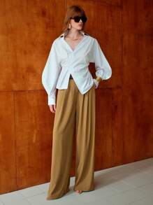 EMERY ROSE Women's Cotton Shirt Solid Color Waist Long Sleeve Blouse, Fashionable For Summer, Solid Color Cinching Waist Button Down Collared Long Sleeve Shirt, Casual Solid Color Drop Shoulder Loose Blouse,Draping Blouse,Lantern Sleeve Cotton Shirt,Summer Tops,Long Sleeve Top,Festival,Country Concert,Bohemia,Boho - White - View 11