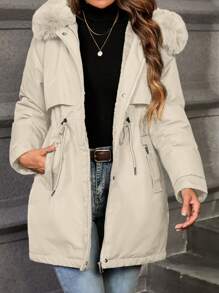 Aveloria Modichic 女士休闲纯色抽绳腰部蓬松连帽加厚棉服外套，冬装 - 米色 - 查看 7