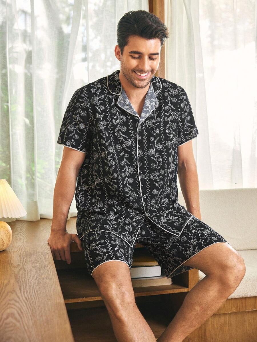 CoupledUp Floral Print Lapel Collar Short Sleeve Shorts Men Pajama Set - Black - View 1