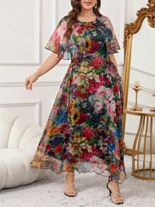SHEIN Clasi Plus Size Women Vacation All Over Print Round Neck Side Tie Waist Dress,Flowy Dress,Sun Dresses For Women