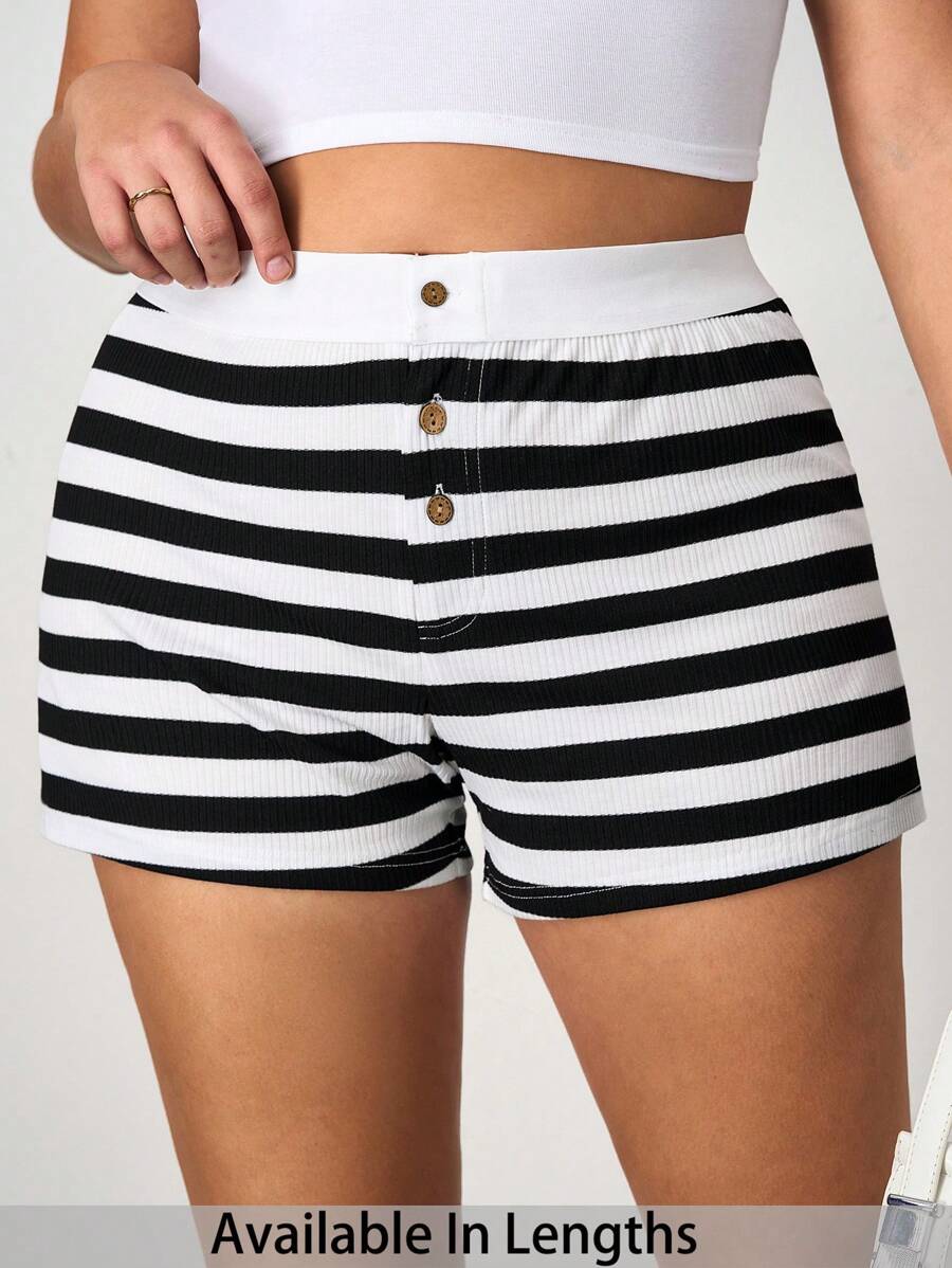 SHEIN Tall CURVE Casual Knit Striped Low-Waist Skinny Super-Short Shorts Women Loungewear Women Leggings Women Shorts For Summer - Black and White - View 1