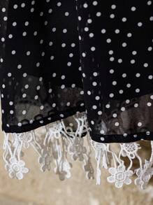 Femmeiva Polka Dot Bow Decor Tassel Colorblock Chiffon Bubble Printing Short Sleeve Dress Boho Vacation Fashionable Style All Over Print For Summer - Black and White - View 5