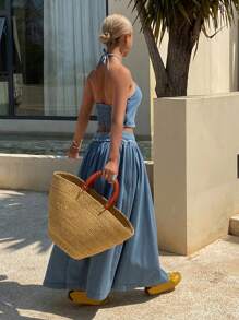 DAZY 女士水洗抽绳挂脖牛仔上衣和迷你裙两件套 - 中等水洗藍 - 查看 1