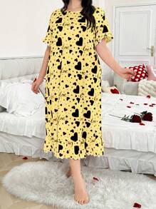 SHEIN 大码女式心形印花荷叶边短袖睡袍，Moo Moo 睡裙