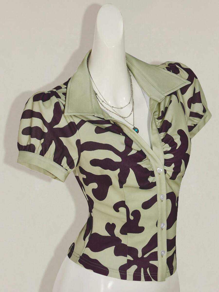 SHEIN ICON Camiseta de manga corta ajustada con botones delanteros y estampado completo de aloha hawaiano verde, estilo hippie y bohemio para mujer, verano