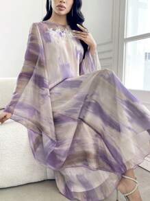 SHEIN Najma Tie-Dye Floral Print Loose & Conservative Long Cardigan, Fashionable For Summer, Modest Kaftan
