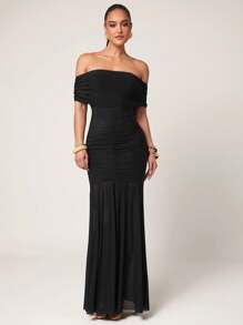 Silquee Women's Black Off Shoulder Fitted Elegant Dress, Island Dress, Flowy Hem Dress, Sexy See-Through Outfit, Summer, Women's Summer Outfit, Summer Outfit, Women's Beach Outfit, Women's Elegant Outfit, Women's Summer Dress, Graduation Outfit, Graduation Dress, Flowy Dress, Ibiza Outfit, Summer Festival Beach Resort - Black - View 4