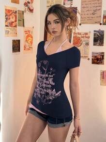 SHEIN EZwear Summer Graphic Tees Western Wear Women Navy Blue & Pink Patchwork - Navy Blue - View 4