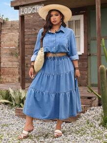 SHEIN LUNE Jupe en jean décontractée avec taille élastique et volants, grande taille grande, été - Jean bleu - Voir 6