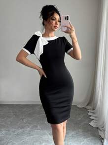 Elenzga Vestido elegante ajustado con hombros descubiertos y mangas cortas anudadas para mujer - Negro - Ver 4