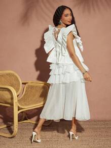 Vixey Solid Chiffon Layered Ruffle Midi Skirt With Biker Shorts, Boho, Festival, Spring, Summer, Island Vacations, Vacation - White - View 2