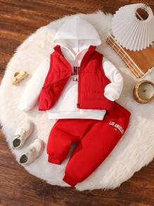 SHEIN Leap Crew 男宝宝休闲百搭红白加垫背心外套连帽运动衫和长裤 3 件套，宽松版型，适合秋冬季户外活动 - 紅白色 - 查看 9