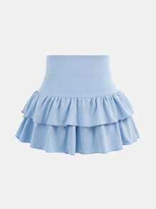 SHEIN Girlism Tween Girls Knitted Solid Color Cute Ruffle Layered Built-In Shorts Mini Skirt, Y2K, Fashionable & Unique - Baby Blue - View 2