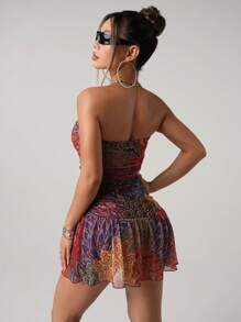 SHEIN ICON 女士性感撞色印花抹胸迷你连衣裙，夏季 - 彩色 - 查看 2