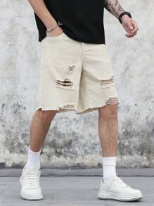 Manfinity Homme 宽松男士棉质破洞、磨损、毛边牛仔短裤