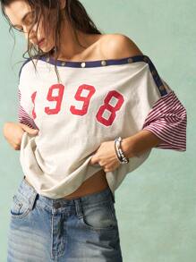 Bohemela Plus Striped & Number Print Asymmetrical Neck Tee - Apricot - View 4