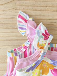 SHEIN Toddler Girl 3-Pack Ruffled Strap Dress Sets, Striped Matching Colorful Floral & Rose Print Dresses, Sweet & Lovely For Baby Girl To Wear In Summer, Vacation And Playtime
