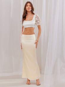 L'Amorae 女士优雅性感 3D 花卉拼布露背超短上衣，夏季 - 杏色 - 查看 5