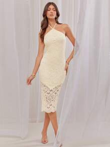 L'Amorae Elegantes Sommer-Midikleid mit Hälfterrücken-Ausschnitt, Spitzendetails und asymmetrischem Saum in Elfenbein, Sommeroutfit für Frauen, Outfit für Hochzeitsgäste, Strandoutfit für Frauen, Brunchoutfit für Frauen, Muttertag - Gelb - Übersicht 4