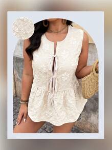 SHEIN LUNE Chemise casual sans manches avec nœud en jacquard unie, idéale pour les vacances, tailles plus